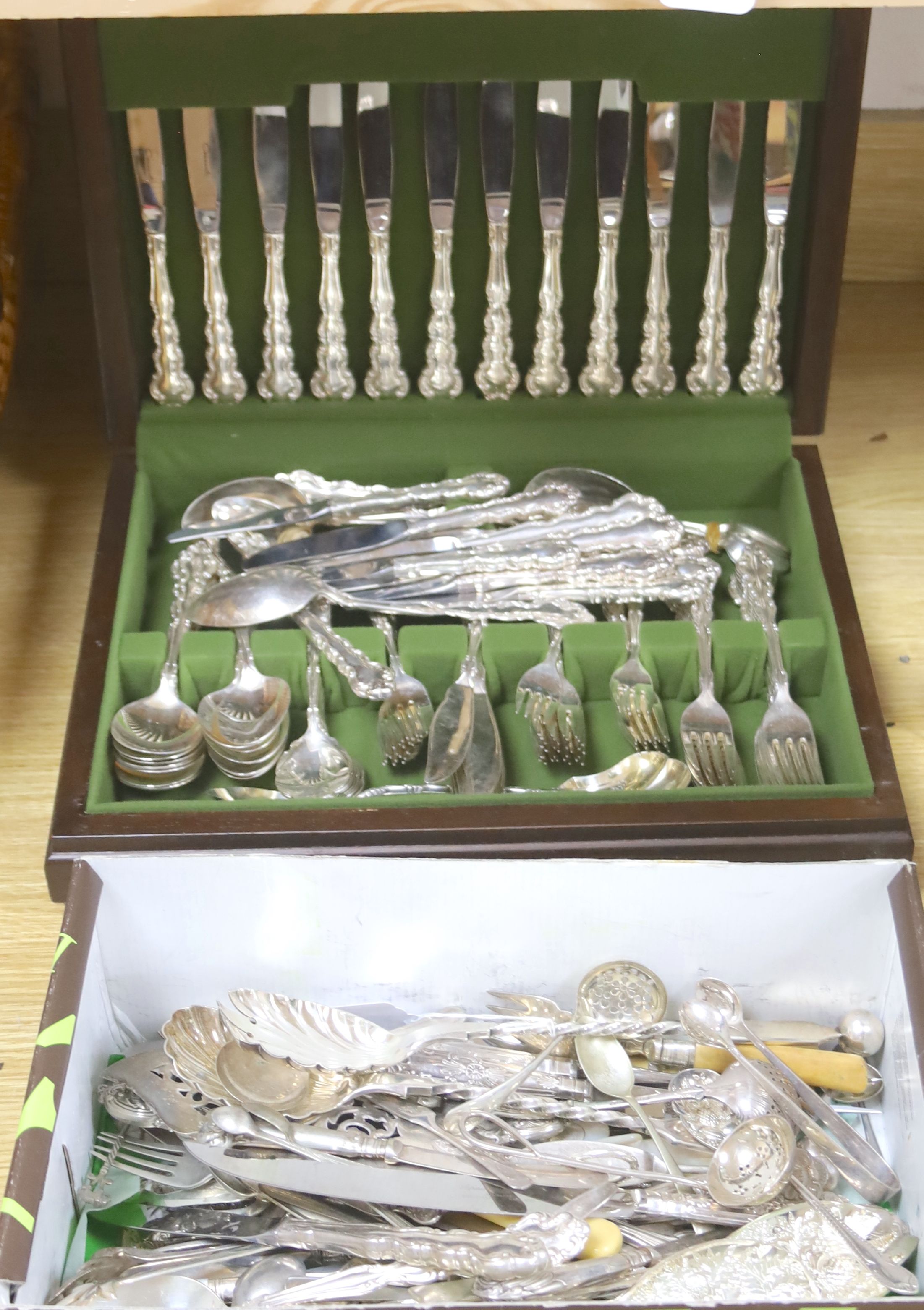 A quantity of assorted silver handled cutlery and plated cutlery including a community plate canteen